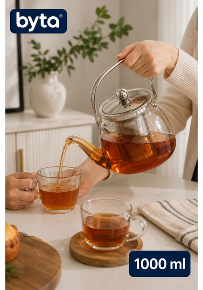 Çelik Saplı Süzgeçli Cam Demlik 1000 Ml Cam Çelik Kapaklı Çay Demliği Diğer