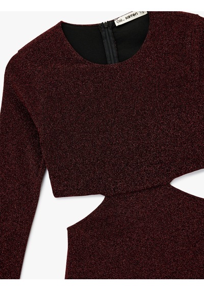 Koton Uzun Kollu Bisiklet Yaka Simli Pencere Detaylı Mini Elbise Bordo 6wal80004ık Bordo