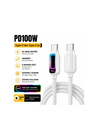 Tr 2 Metre 100w Type-c To Type-c Pd Hızlı Şarj Kablosu 5a E-marker Rgb Işıklı 480mbps Örgülü Beyaz
