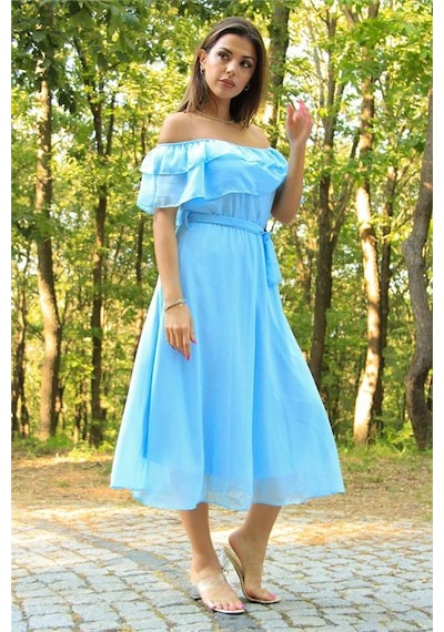 Neşeli Butik Kadın Bebe Mavisi Kuşaklı Madonna Yaka Baby Shower Elbise Nb8060 Bebe Mavisi
