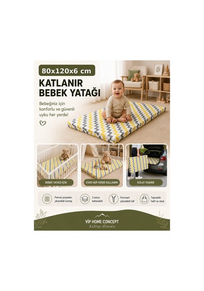 Katlanır Çocuk Yatağı Sünger Yer Yatağı Oyun Minderi Taşınabilir 80x120x6 CM - Sarı Gri Zikzak 80 X 120