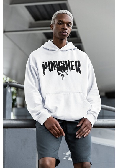 Sevbano Punisher Yazılı Unisex Oversize Tasarım Film Hoodie Beyaz