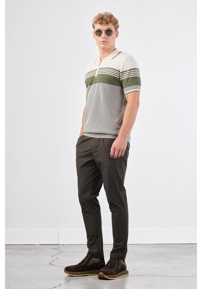 Dufy Haki Çizgili Yatay Desen Erkek Triko - Slim Fit Haki
