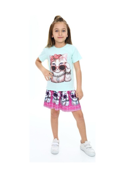 My Kids Wear Sevimli Kedi Etek Tişört Gri - Pudra