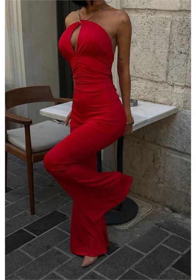 Neşeli Butik Kadın Kırmızı Halter Yaka Zincir Askılı İspanyol Paça Premium Tulum Nbdf290 Neşeli Butik Kadın Kırmızı Halter Yaka Zincir Askılı İspanyol Paça Premium Tulum Nbdf290