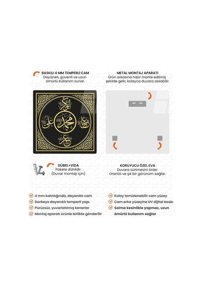 Hz. Muhammed S.a.v. Ve Dört Halife Kare Dini Cam Tablo 001