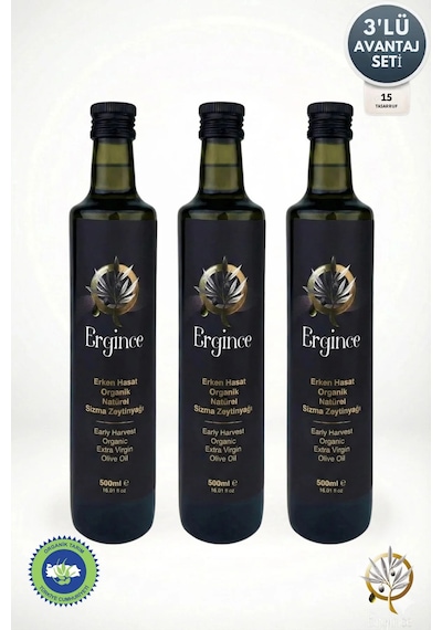 Ergince Organik Erken Hasat Natürel Sızma Zeytinyağı Soğuk Sıkım 0,2 Asit Premium Lezzet 3x500 Ml