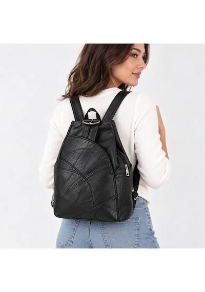 Lale Model Hakiki Deri Kadın Sırt & Kol Çantası Patchwork Tasarım siyah