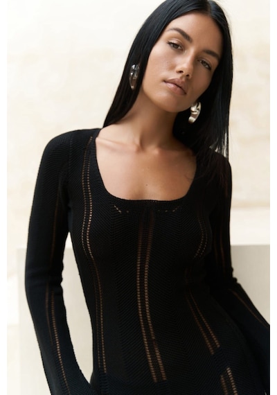 Mai Collection Mai Studios Co. Paulina Dantel Örgülü Siyah Triko Elbise Siyah