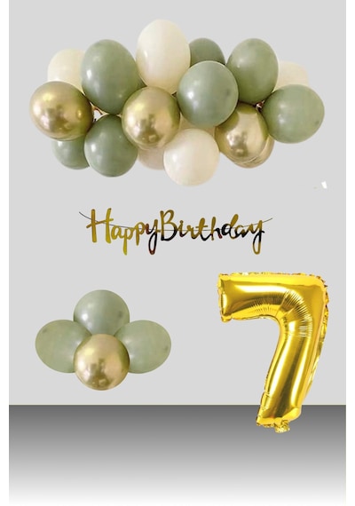 7 Yaş Retro Krom Gold Küf Yeşili Kum Beji Balon Happy Birthday Banner Gold Rakam Doğum Günü Süsleme Çok Renkli