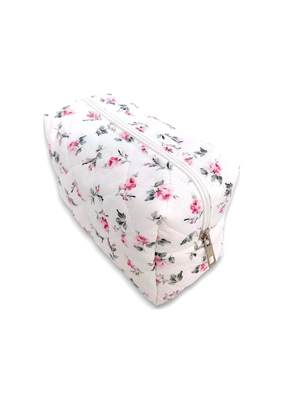 Makyaj Çantası Makeup Bag Kapitone Bakım Seyahat Kozmetik Çantası Beyaz-pembe