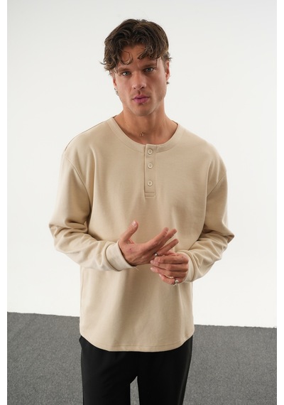 Redline Taren Oversize Erkek Kışlık Düğmeli Sweatshirt Bej
