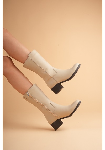 Analin Shoes Kadın Hakiki Deri Klasik Fermuarlı Çizme Bej