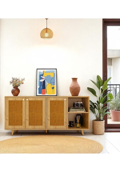 Floradesign Bali Jute Konsol / Konsol / Çok Amaçlı Dolap 160 Cm Mdf Kapaklı Meşe