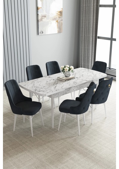Zümra Serisi, Beyaz Mermer Desen 80x132 Açılabilir Mdf Mutfak Masası Takımı 6 Adet Sandalye Gri Zümra Serisi, Beyaz Mermer Desen 80x132 Açılabilir Mdf Mutfak Masası Takımı 6 Adet Sandalye Gri
