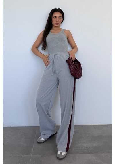Madmext Gri Şerit Detaylı Bol Paça Kadın Pantolon Mg2441 Gri