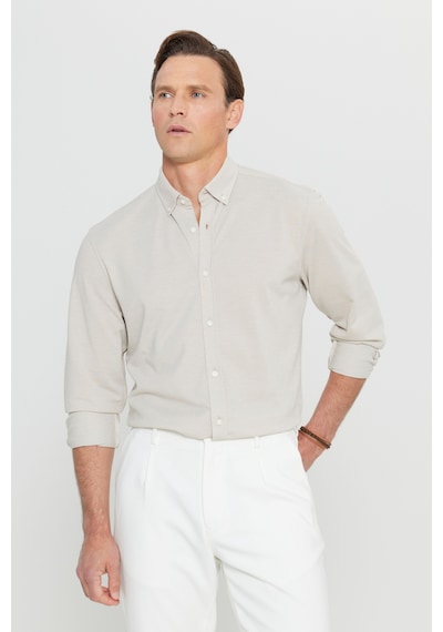 AC&Co / Altınyıldız Classics Erkek Bej 360 Her Yöne Esneyen Pamuklu Slim Fit Dar Kesim Düğmeli Yaka Örme Gömlek Bej