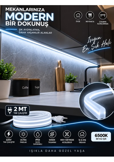Borsan 2 Metre 6500k Beyaz Neon Led 220v Tak Çalıştır Ip65 Ultra Parlak Esnek Hortum Led Iç Dış Mekan Dekoratif Aydınlatma Montaj Aparatı Dahil 6500K - Beyaz Işık