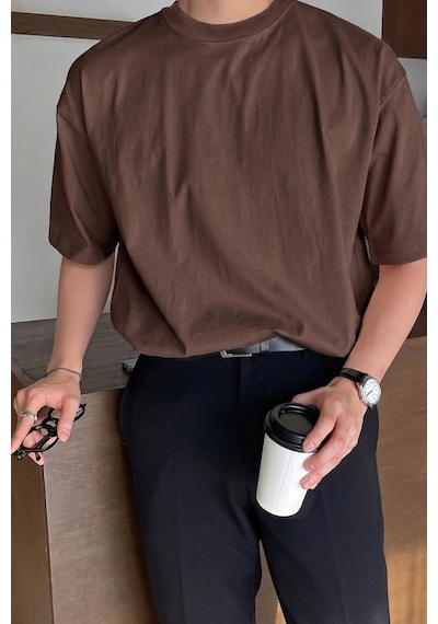 Genius Store Erkek Oversize Tişört Pamuk Kumaş Bisiklet Yaka Rahat Kalıp T-shirt Kahverengi