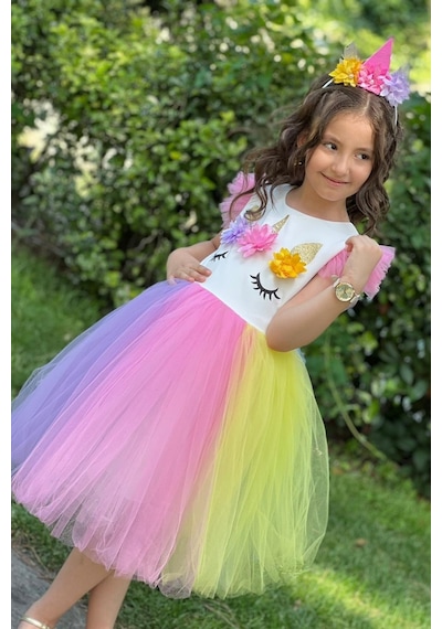 Turuncu Gardrop Unicorn Renkli Tütülü Taç Dahil Elbise Çok Renkli