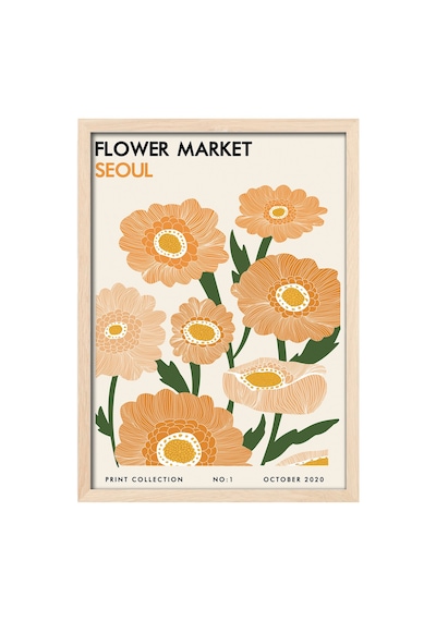 Flower Market Seul Doğal Ahşap Çerçeveli Poster, Dekoratif Sanatsal Duvar Tablosu
