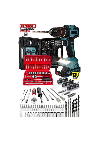 Premium Takım 130 Parça 21v Akülü Şarjlı Matkap Seti Brushless Motorlu Combo El Aletleri Takımı