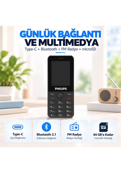 Philips E6808P 4G VoLTE Tuşlu Cep Telefonu 2.4” Ekran 1700mAh Batarya Görüntülü Arama Family Link Asker-Yaşlı-Öğrenci Siyah