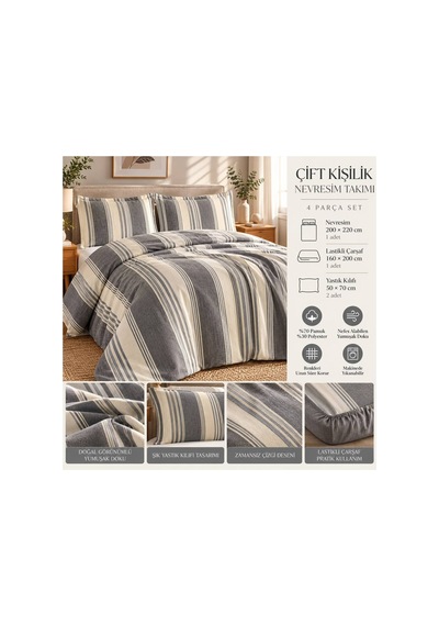 Slc Home Çift Kişilik Nevresim Takımı Şık Tasarım 4 Parça Antrasit - 940025996 Antrasit