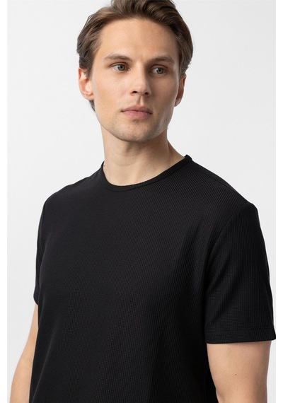 Süvari Siyah Slim Fit Armürlü Bisiklet Yaka Tişört-37380 Siyah