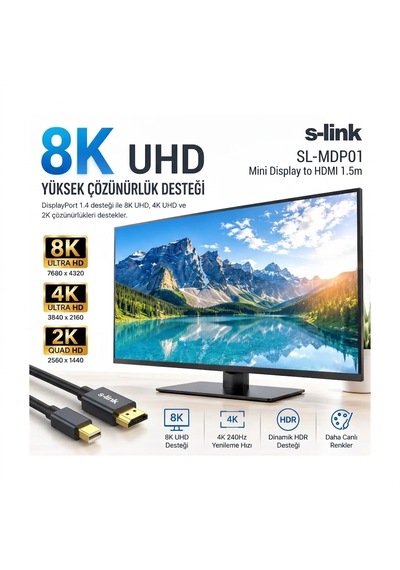 S-link Sl-mdp01 Mini Displayport To Hdmı 1.5m Görüntü Ve Ses Aktarım Kablosu 150cm