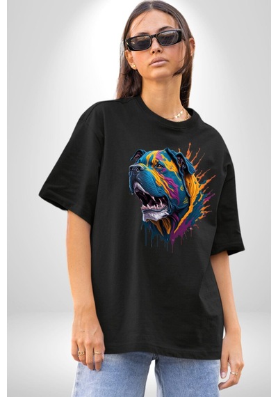 Köpek Saint Bernard Havlama Pamuklu Bisiklet Yaka Unisex Oversize Boyfriend Dijital Baskılı Siyah T-shirt Siyah