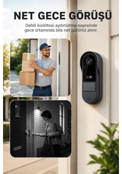 Hd Sistem Giriş Kontrol Görüntülü Monitörlü Su Geçirmez Kablosuz Akıllı Kapı Zili Cmr25 Siyah
