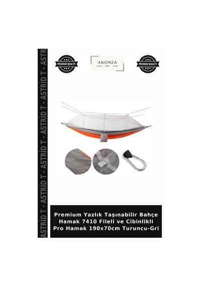Premium Yazlık Taşınabilir Bahçe Hamak 7410 Fileli Ve Cibinlikli Pro Hamak 190x70cm Turuncu-gri Standart