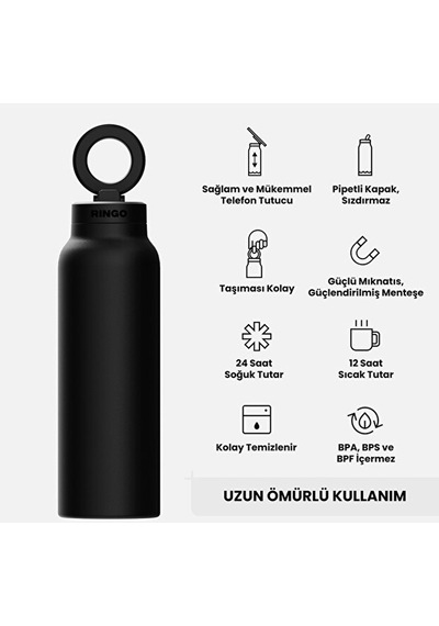 Ringo Pro Manyetik Telefon Tutuculu Termal Paslanmaz Çelik Su Şişesi Pipetli Kapak 24 Oz / 710 Ml Siyah