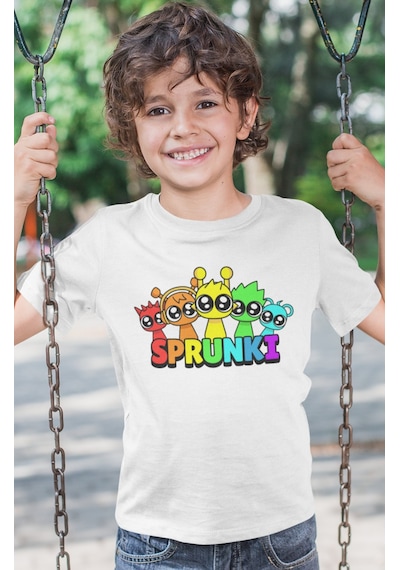 Sevbano Sprunki Oyun Baskılı Unisex Çocuk Tişört 1-12 Yaş Beyaz