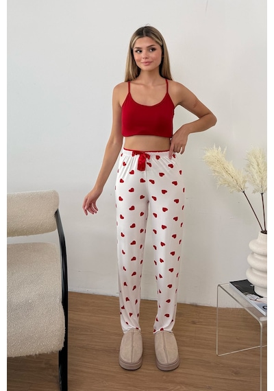 Giysa Kadın Beli Lastikli Kalp Desenli Pijama Altı Beyaz - 26y 4522