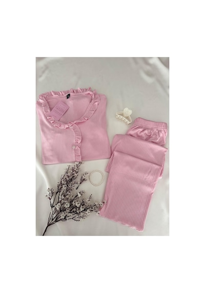 Mh Moony Homewears 2'li Verona Pembe Özel Fitilli Pijama Takımı Pembiş
