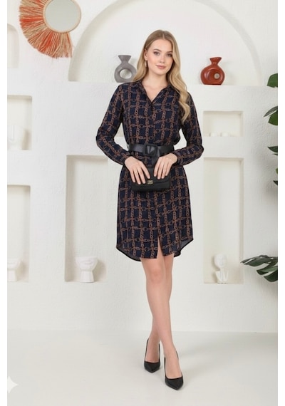 Polologin Butik Lacivert Zincir Desenli Gömlek Elbise - Mini Boy Lacivert