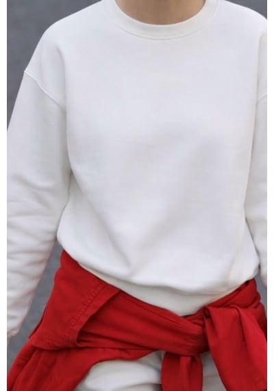 Feg Store Kadın Bisiklet Yaka Beyaz Oversize Sweatshirt