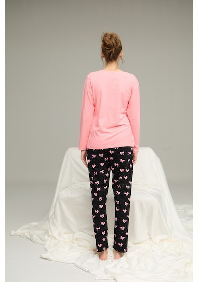 Siyah İnci Pamuklu Bisiklet Yaka Örme Pijama Takım25241132 Somon
