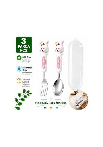 Beyaz Renk Tavşan Figürlü Premium Çocuk Bpa Free Paslanmaz Çelik Uçlu Çatal-kaşık Set 24+ Ay