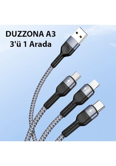 Duzzona A3 3in1 Type-C + Lightning + Micro USB Hızlı Şarj Kablosu