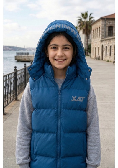 Pina Kids Unisex Çıtçıt Kapüşonlu Baskılı Şişme Yelek Mavi