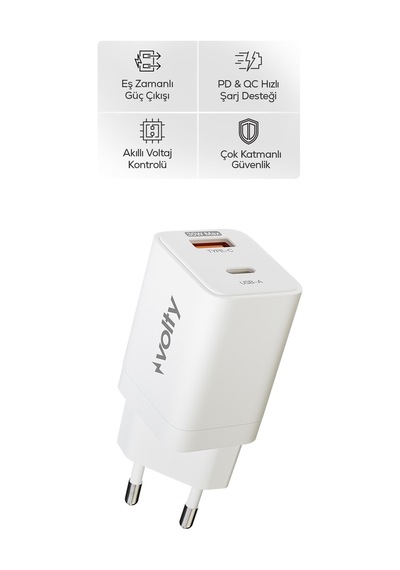 Hızlı Şarj Adaptörü 30w Pd Gan, Usb-c & Usb-a, İphone & Samsung Uyumlu, 55gr Beyaz-v0102008
