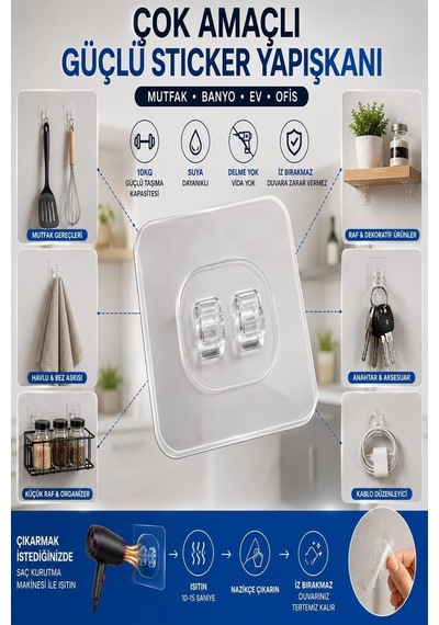 10 Adet 7x7cm Yedek Süper Güçlü Yapışkanlı Askı, 20kg Banyo - Mutfak Raf Tutucu Sticker, Delmesiz Şeffaf