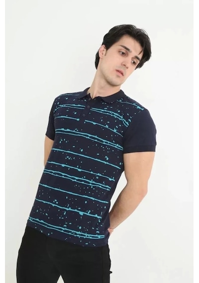 Erkek Yakalı Slim Fit Pike Çizgili T-shirt - Lacivert Lacivert