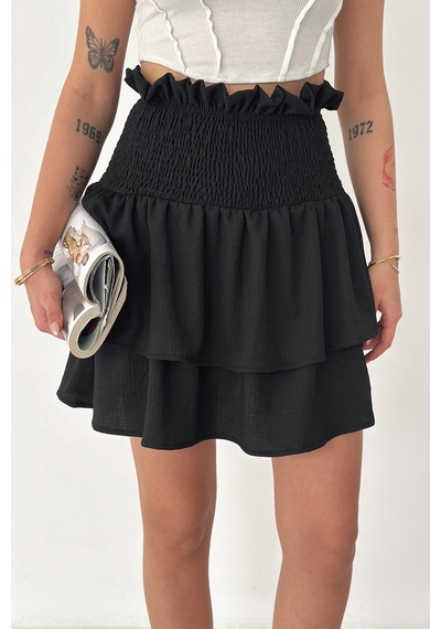 Kadın Katlı Smock Bel Mini Short Etek Summer Layers Siyah