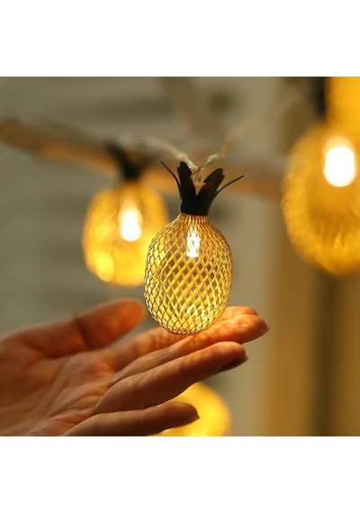 Metal Ananas Figürlü 10lu Led Işık Zinciri, Dekoratif Ev, Parti, Yılbaşı Ve Oda Süsleme Aydınlatma Sarı