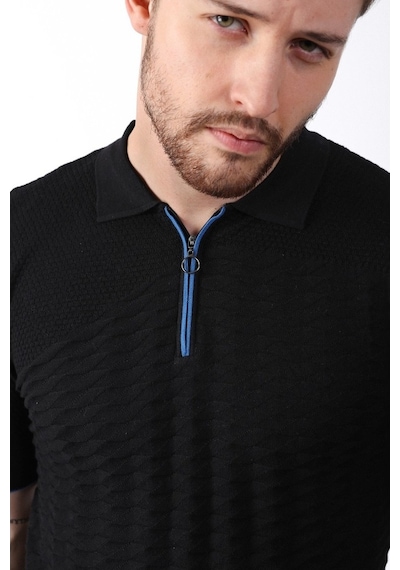 Ferraro Siyah Polo Yaka Fermuarlı Erkek Pamuk Triko T-Shirt-Siyah (417942134) Siyah