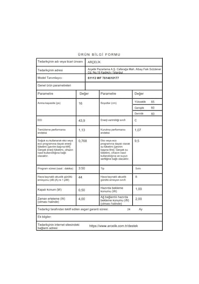 Arçelik 61113 WF 11 Programlı 16 Kişilik Bulaşık Makinesi